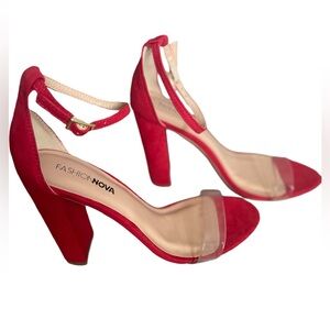 Faux suede. Block heel. Ankle strap. Clear open toe heels/sandals.